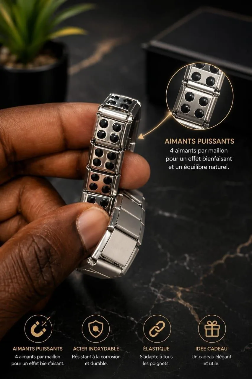 Détail intérieur des pastilles de germanium du bracelet argenté
