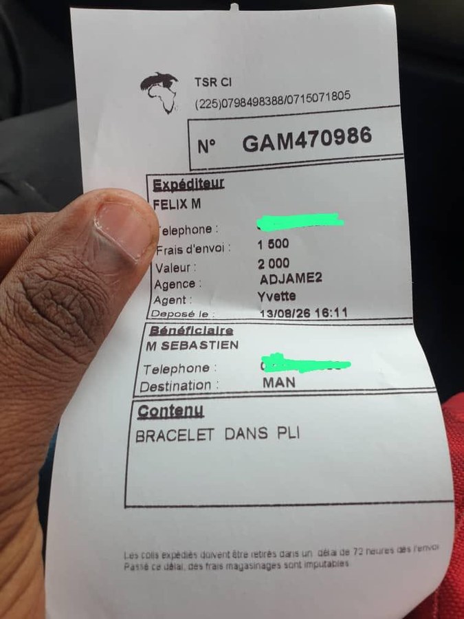 Récépissé TSR CI — colis vers Man