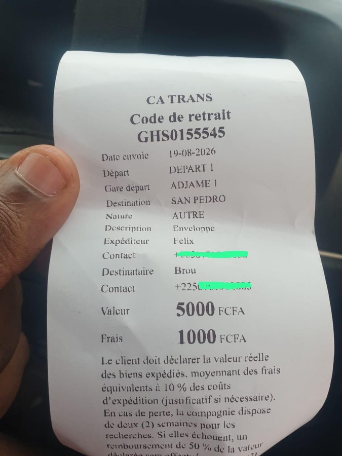 Récépissé CA Trans — colis vers San-Pédro