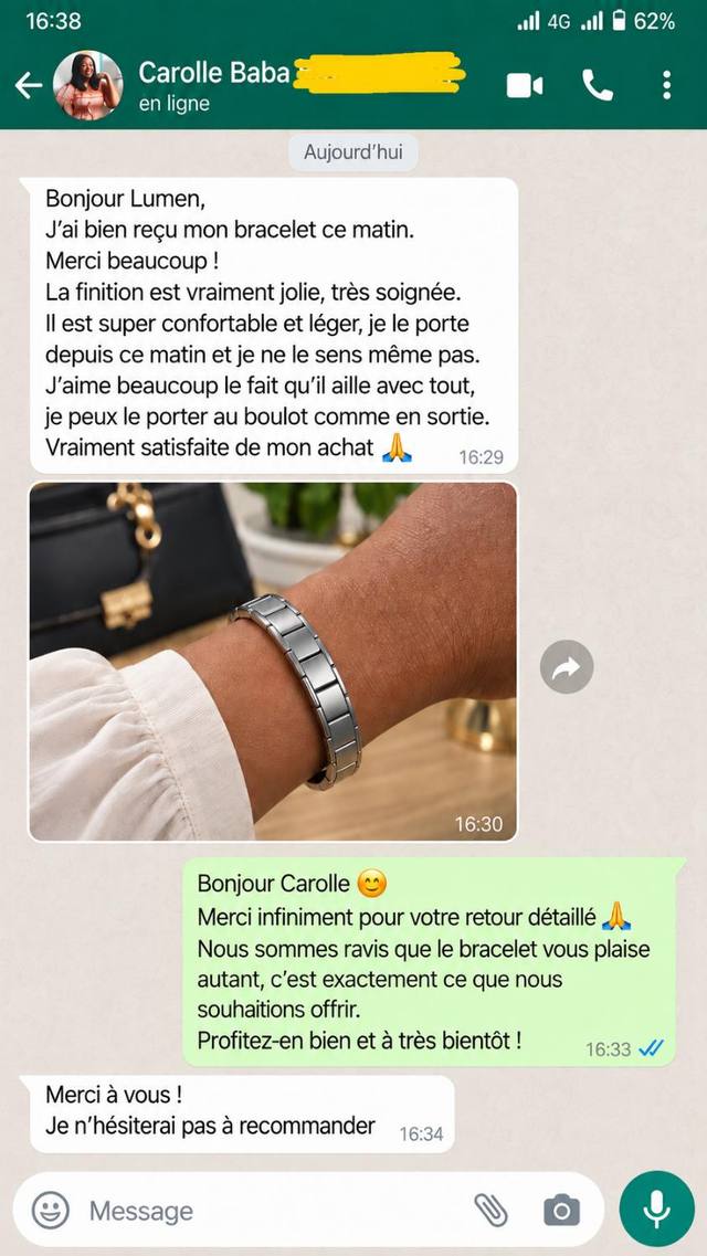 Conversation WhatsApp : Carolle confirme la réception de son bracelet