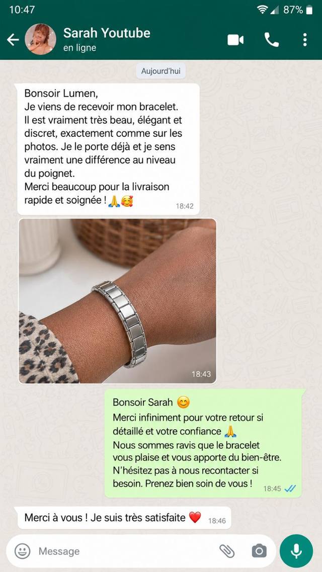 Conversation WhatsApp : Sarah confirme la réception de son bracelet